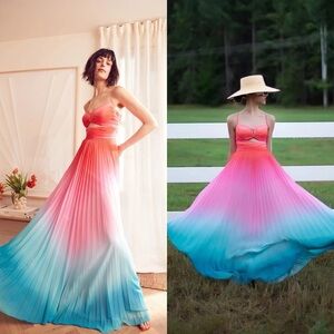 AMUR Emmett Pleated Chiffon Maxi Dress in Ombre Sunset Sz 2